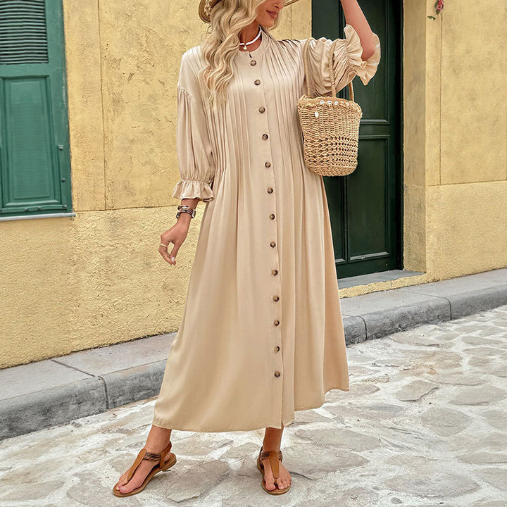 Women's maxi dress with full button placket, pleated bodice and ruffle sleeves