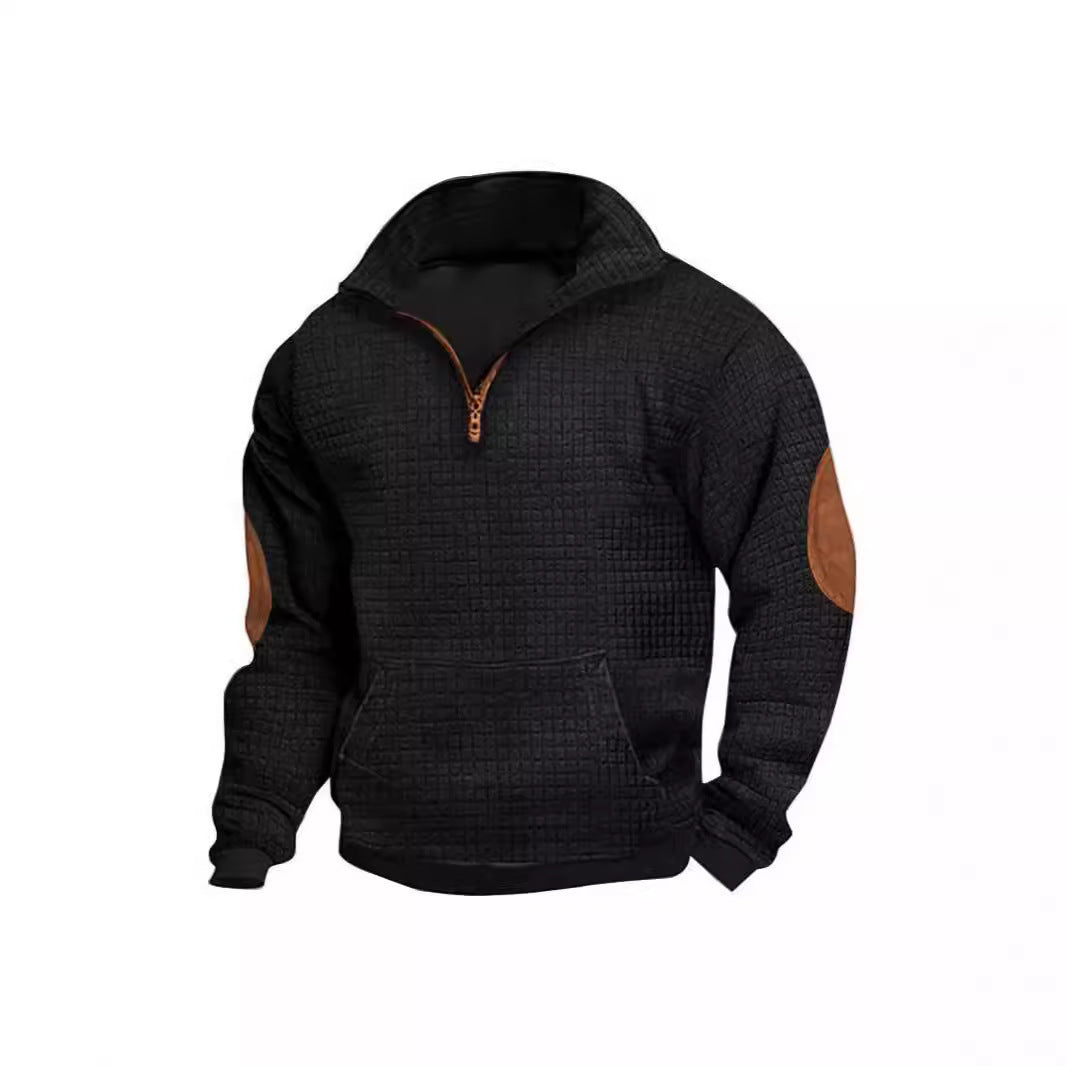 Men's structured leisure pullover with short zipper, kangaroo pocket and elbow leather trim Mune Fashion
