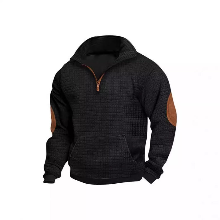 Men's structured leisure pullover with short zipper, kangaroo pocket and elbow leather trim Mune Fashion