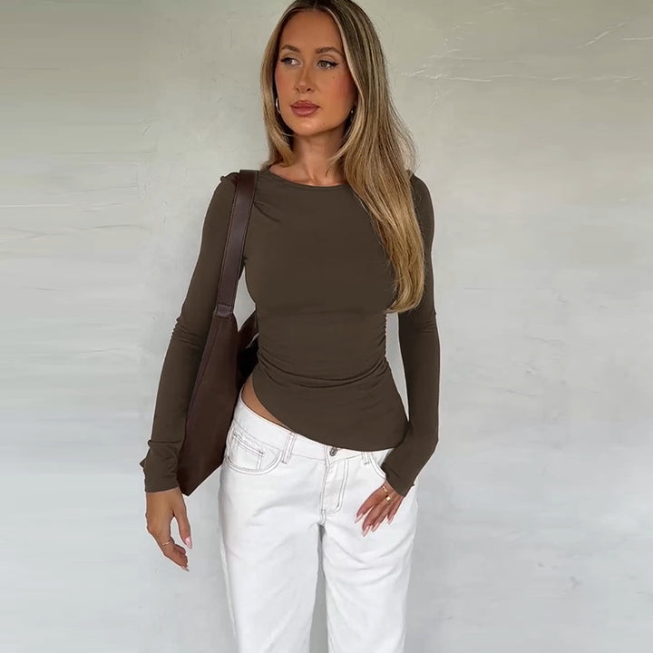 Women's asymmetrical gathered crop long sleeve shirt Mune Fashion