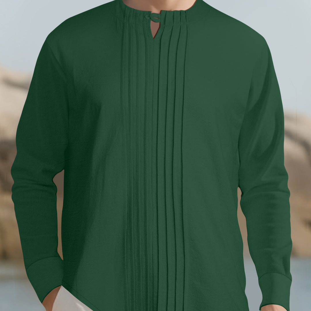 Men's Lightweight Long Sleeve Shirt in Linen Look with Stand-Up Collar, Pleats and Loop Closure Mune Fashion