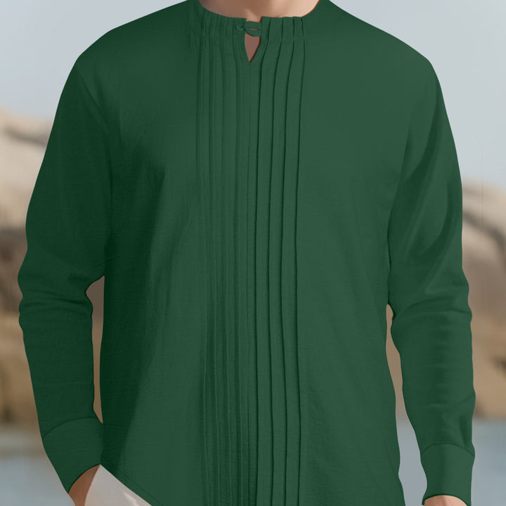 Men's Lightweight Long Sleeve Shirt in Linen Look with Stand-Up Collar, Pleats and Loop Closure Mune Fashion