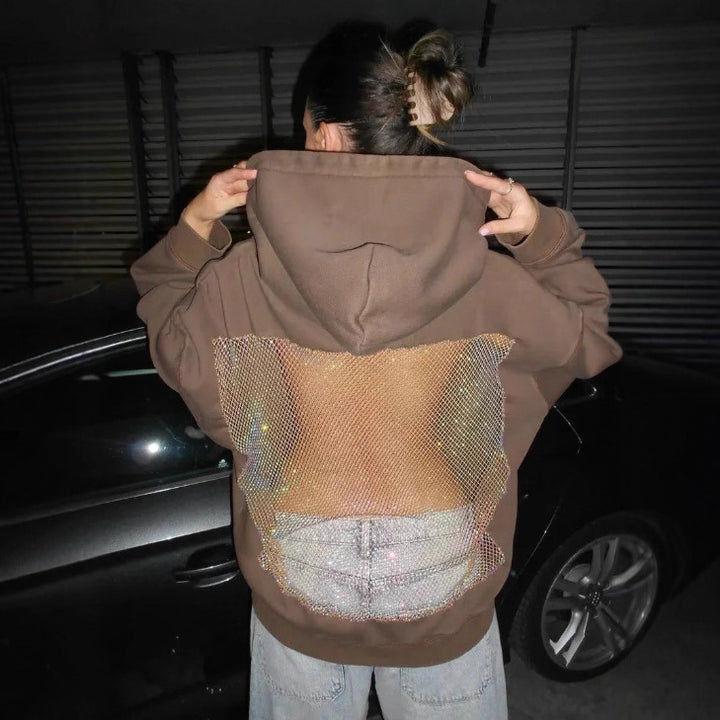 Women's hoodie with glittering mesh back application Mune Fashion