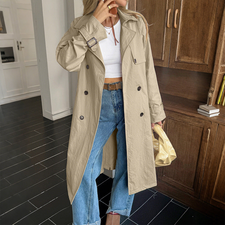 Women's classic trench coat with double row, waist belt, adjustable cuffs, and straight button placket Mune Fashion