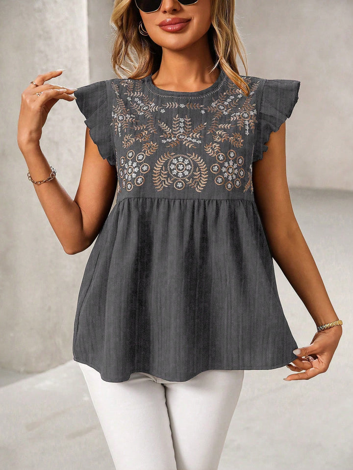 Women Loose Embroidered Babydoll Top with Ruffle Sleeves Mune Fashion