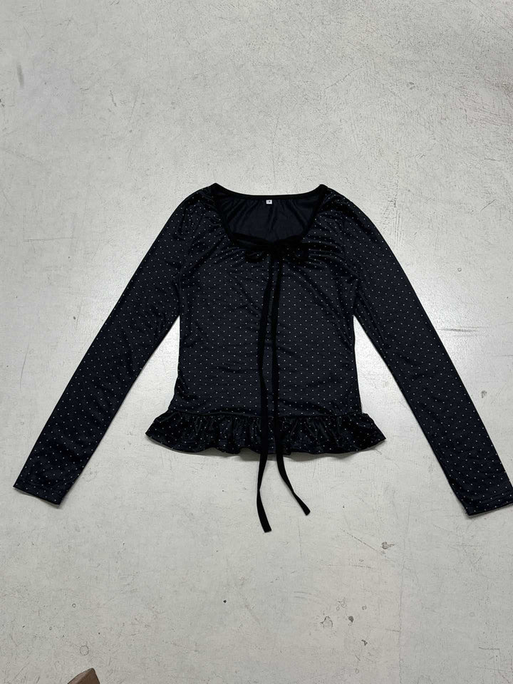 Women's fitted long sleeve with frill hem, drawstring and fine polka dot pattern Mune Fashion