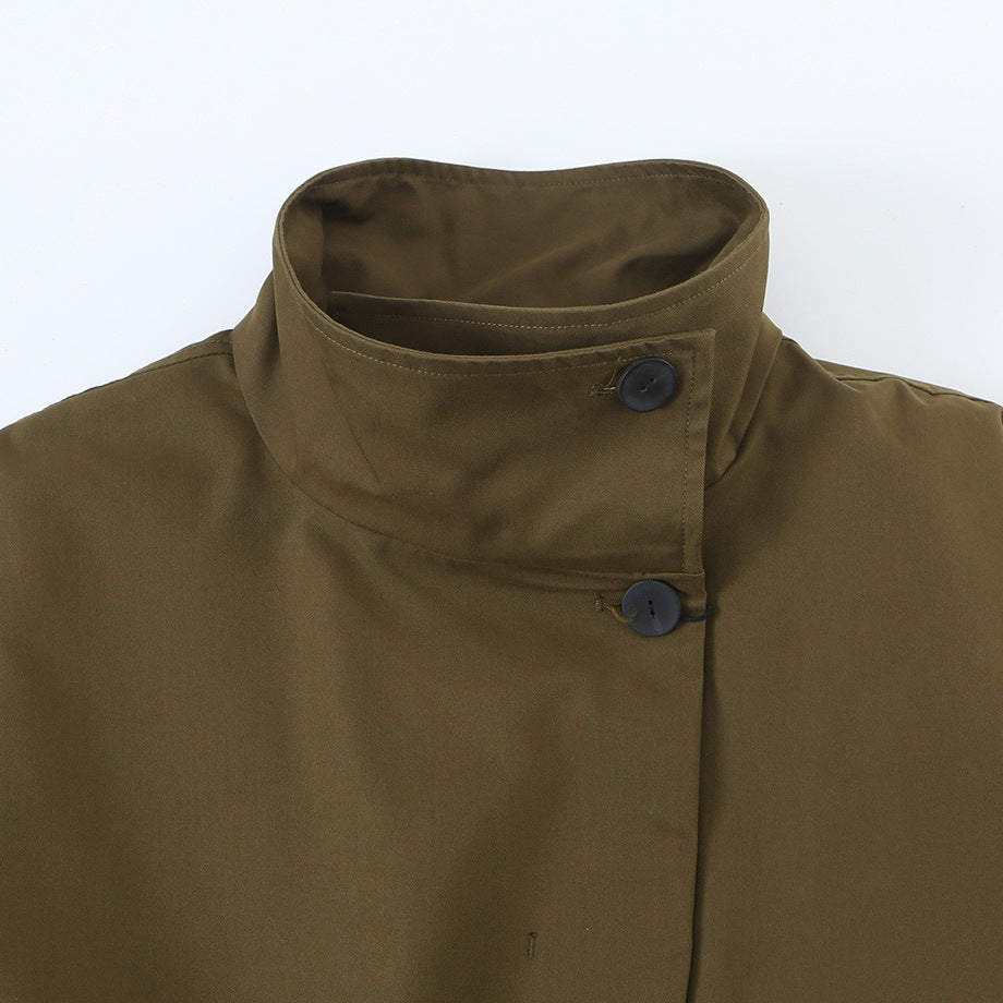 Women's short jacket with drawstring waist, high stand-up collar, and asymmetric button placket Mune Fashion