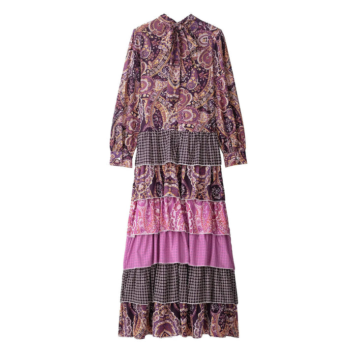 Women's layered maxi dress with paisley patchwork, bow collar, and long cuffed sleeves Mune Fashion