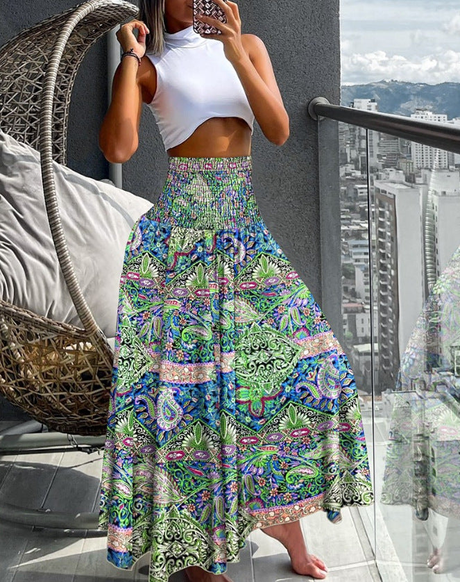 Women’s Maxi Skirt with High Smock Waist and Wide Boho Print Mune Fashion