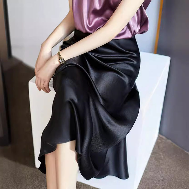 Women's Flowing Satin Midi Skirt with Bias Cut and Trumpet Hem Mune Fashion