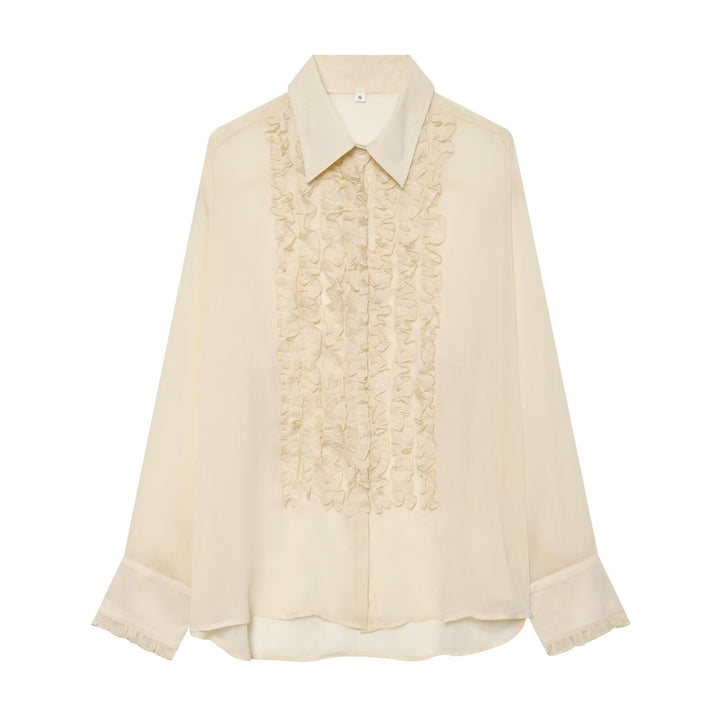 Women's Ruffled Hem Chiffon Blouse with Hidden Button Placket and Oversized Shirt Collar Mune Fashion