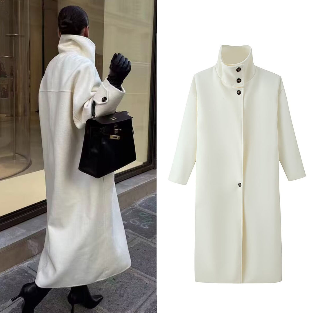 Women's Straight Midi-Length Coat with High Stand-Up Collar and Concealed Button Placket Mune Fashion