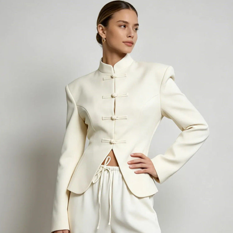 Women's Sculpted Blazer with Stand Collar, Decorative Knot Closures and Tailored Silhouette Mune Fashion
