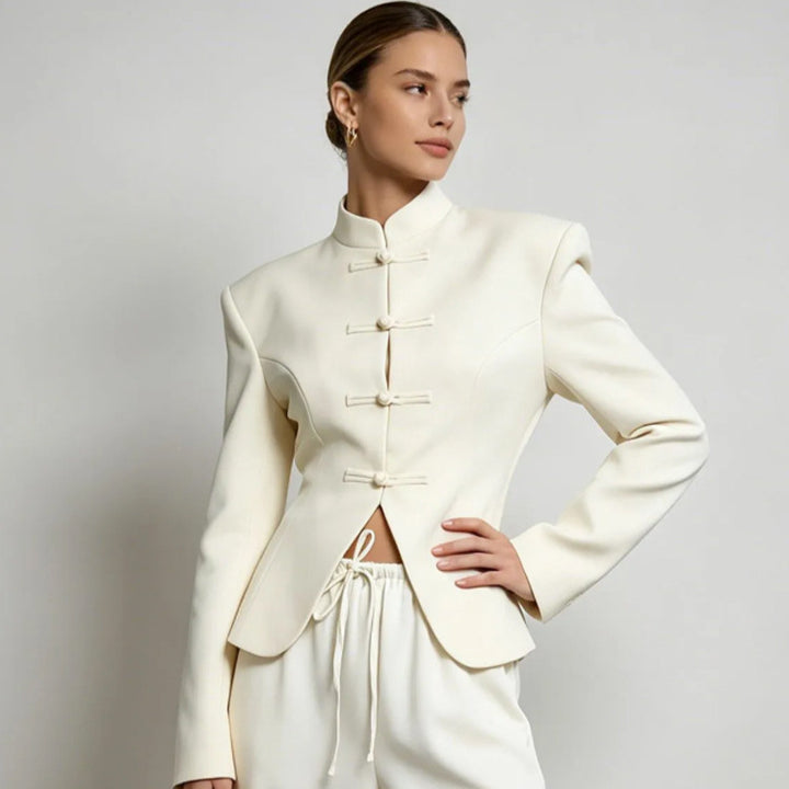 Women's Sculpted Blazer with Stand Collar, Decorative Knot Closures and Tailored Silhouette Mune Fashion