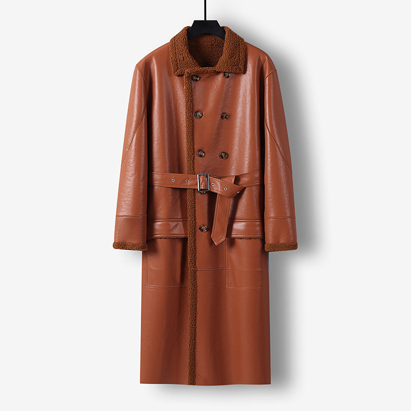 Men's Maxi-length Faux Leather Coat with Teddy Lining, Double-breasted Button Placket and Waist Belt Mune Fashion