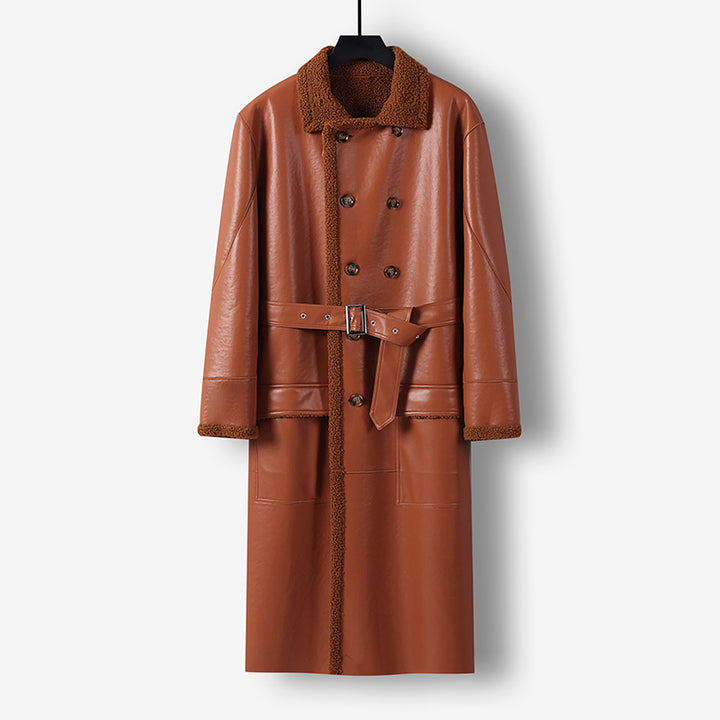 Men's Maxi-length Faux Leather Coat with Teddy Lining, Double-breasted Button Placket and Waist Belt Mune Fashion