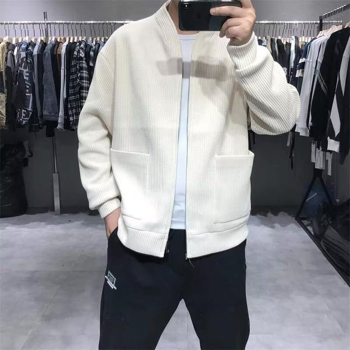Men's Ribbed Zip Cardigan with Standing Collar and Patch Pockets Mune Fashion