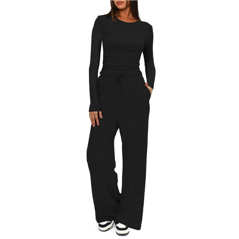 Women's Figure-Hugging Long Sleeve with Side Gathering and High-Waist Palazzo Jogging Pants Set Mune Fashion
