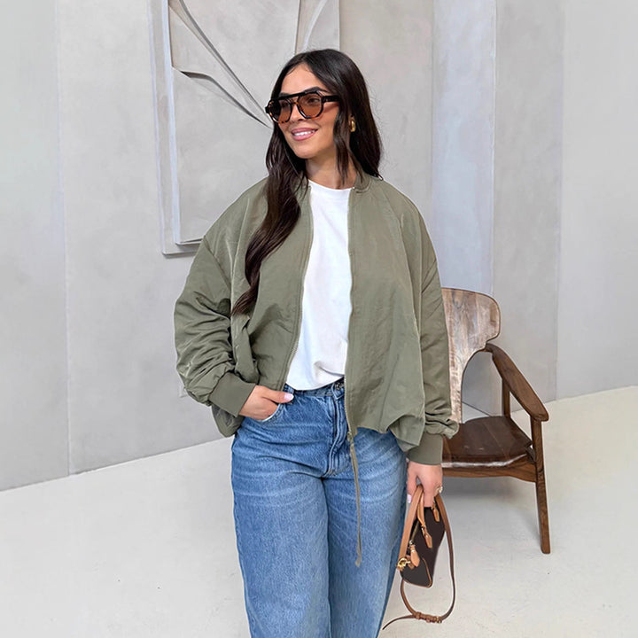 Women Oversize Bomber Jacket with drawstring, ribbed cuffs and lightweight nylon finish Mune Fashion