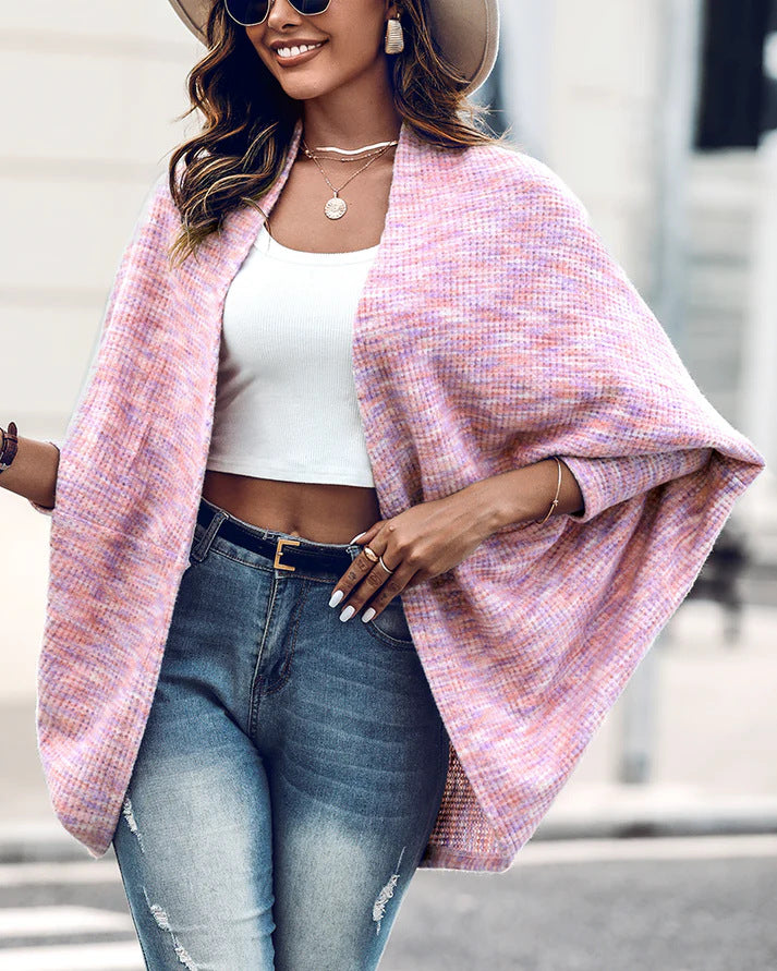 Women Oversized Knit Poncho with Open Front and Boucle Structure Drune