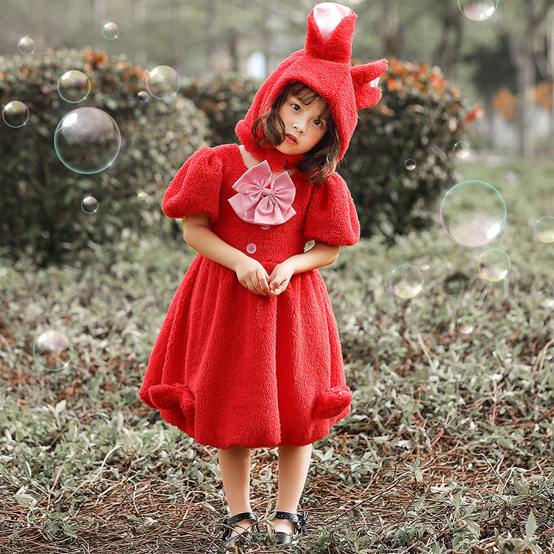 Girl plush bunny costume with hood and large ears detail Mune Fashion