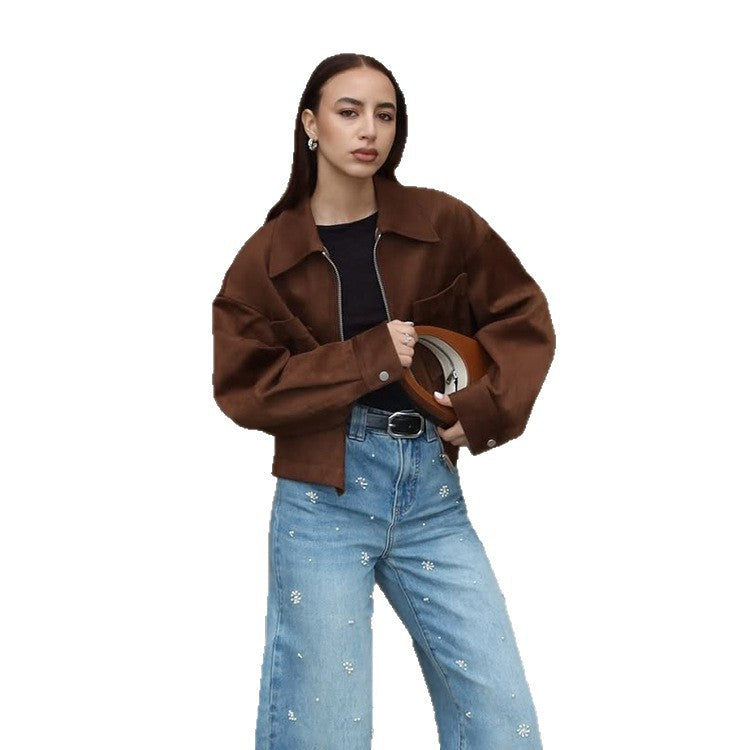 Ladies Short Suede Look Jacket with Zipper and Oversized Sleeves Mune Fashion