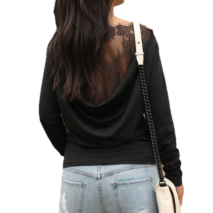 Women Draped Long Sleeve Top with Deep Waterfall Back and Fine Lace Back Panel Mune Fashion