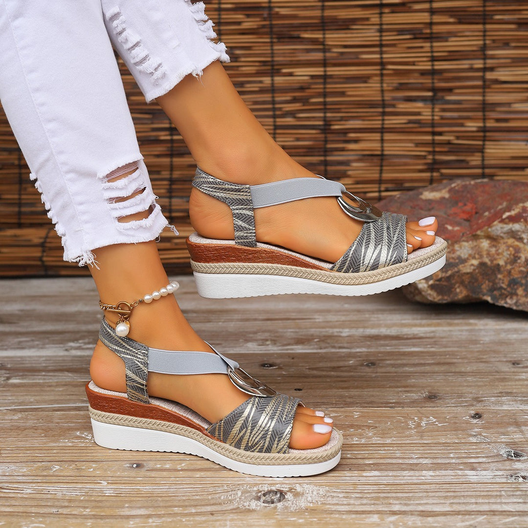 Ladies Platform Wedge Sandals with Elastic Strap, Embossed Metallic Look and Decorative Ring Mune Fashion