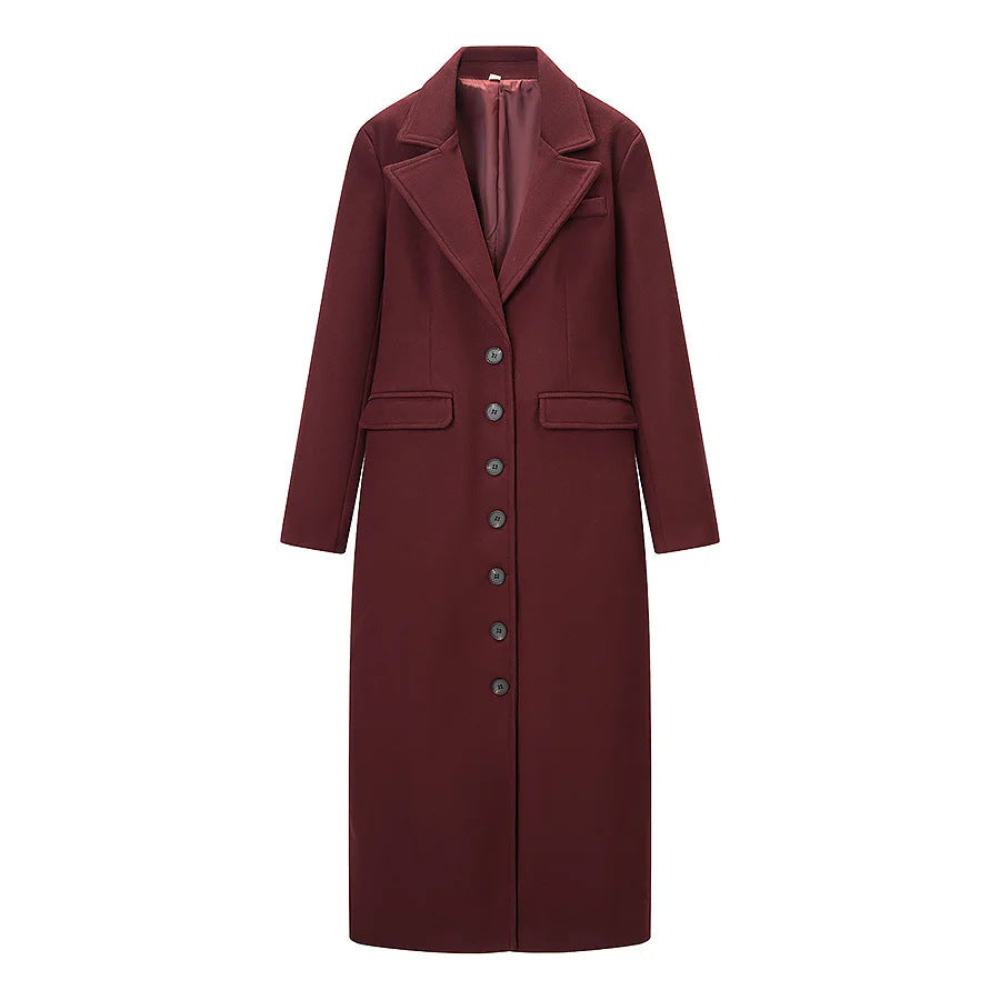 Women's figure-hugging knee-length coat with shawl collar, full button placket and flap pockets Mune Fashion