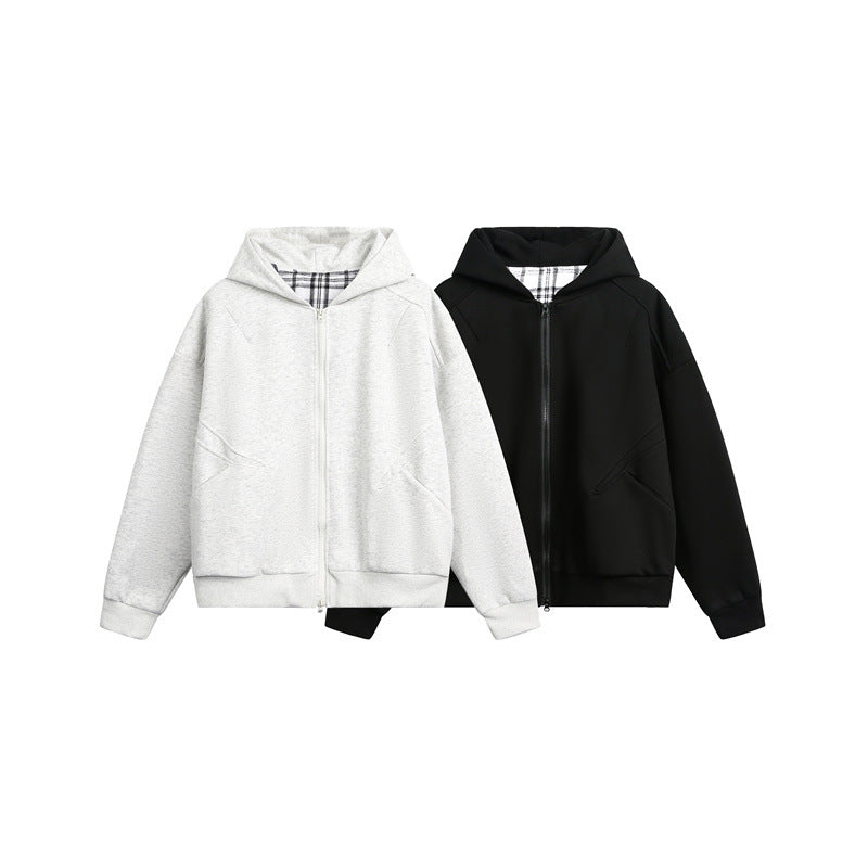 Unisex Hooded Sweat Jacket with Two-Way Zipper and Checkered Hood Lining Mune Fashion