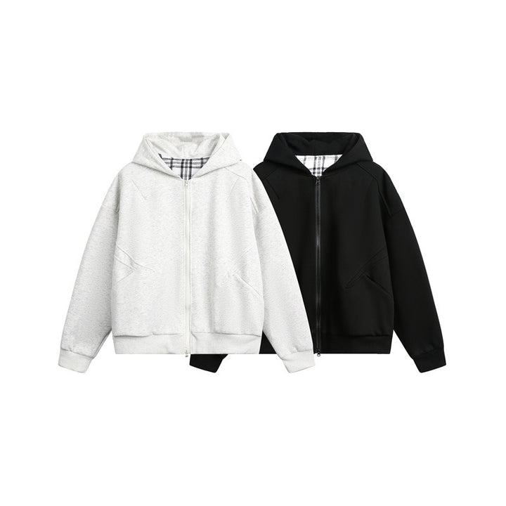 Unisex Hooded Sweat Jacket with Two-Way Zipper and Checkered Hood Lining Mune Fashion