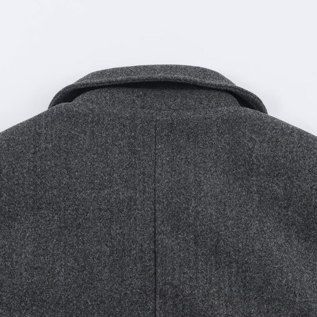 Women's short coat in double-breasted wool blend with high standing collar and waist belt Mune Fashion