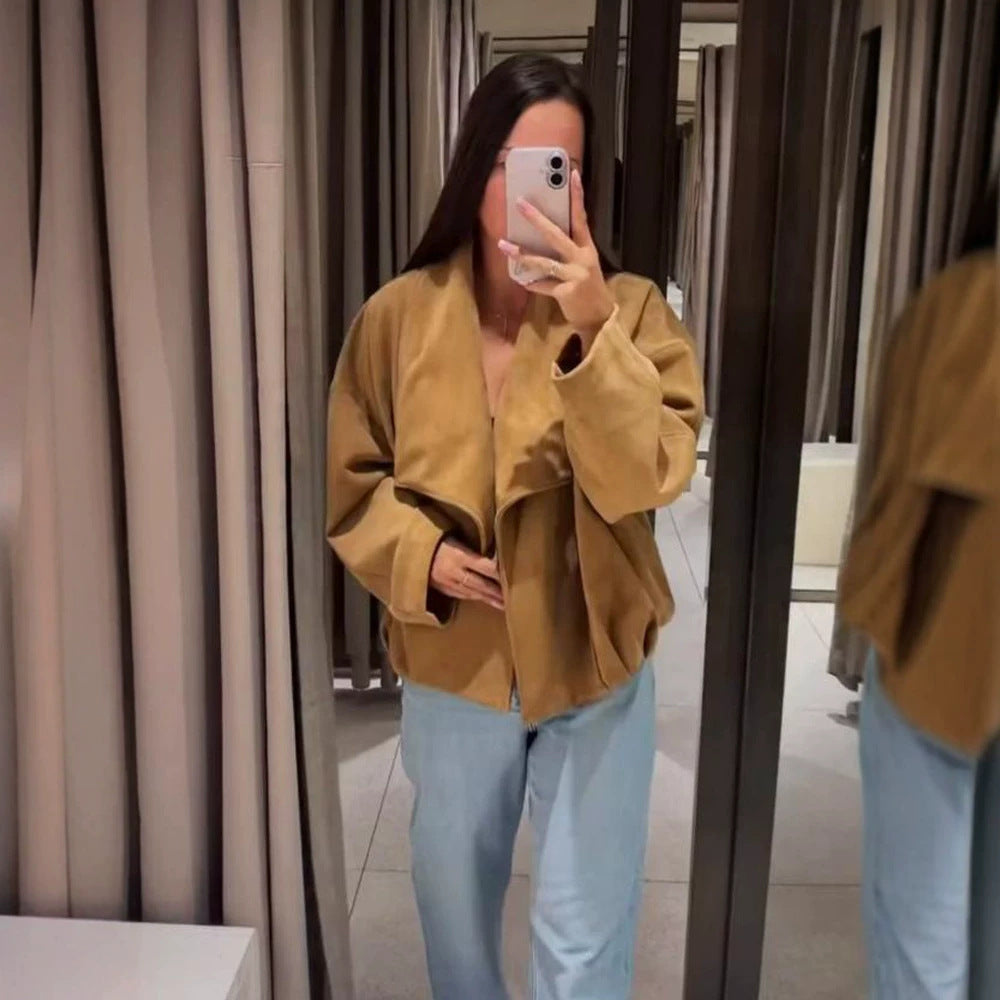 Womens Oversized Velvet Waterfall Jacket with boxy Cropped Silhouette and concealed Placket