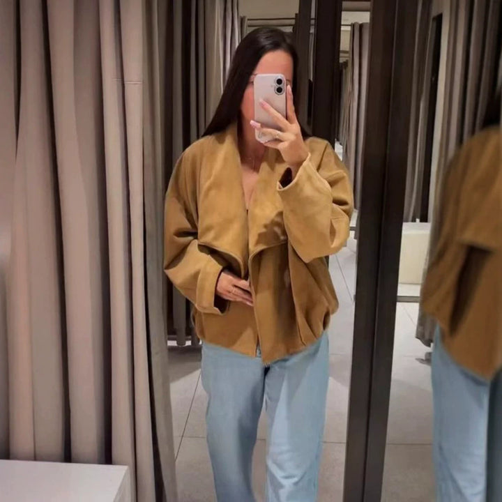 Womens Oversized Velvet Waterfall Jacket with boxy Cropped Silhouette and concealed Placket