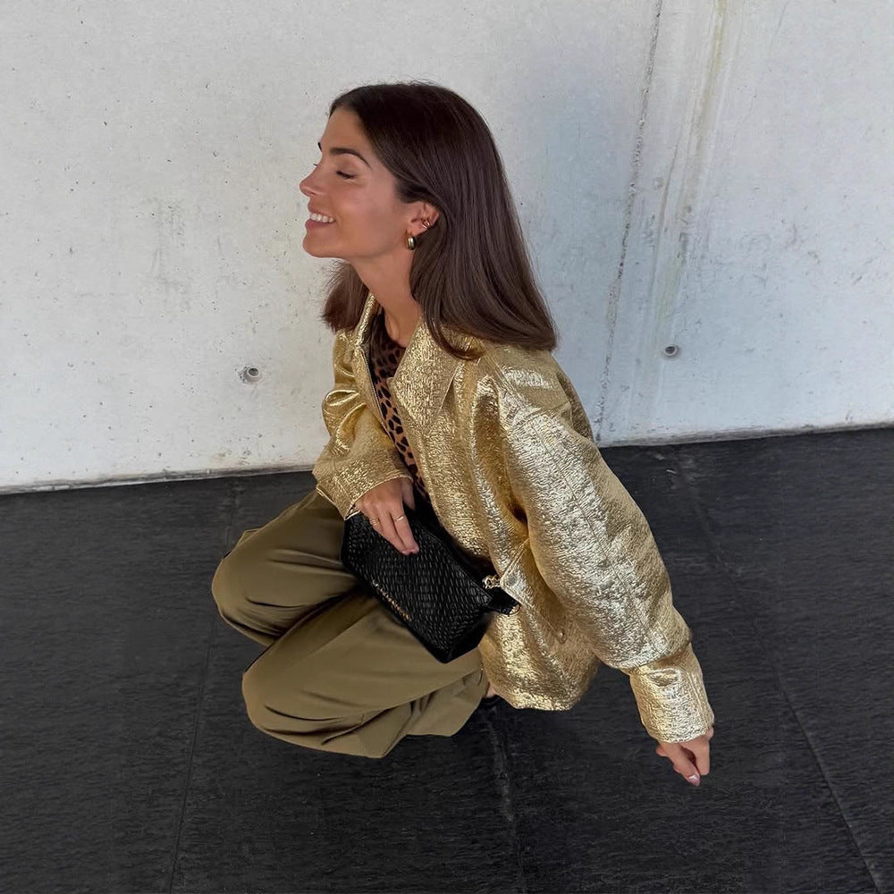 Women Short Textured Metallic Bomber Jacket with Boxy Silhouette Mune Fashion