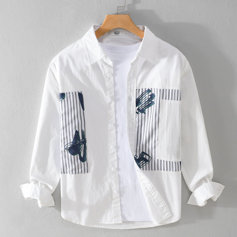 Men's Casual Overshirt made of cotton poplin with striped patch inserts and brush print Mune Fashion