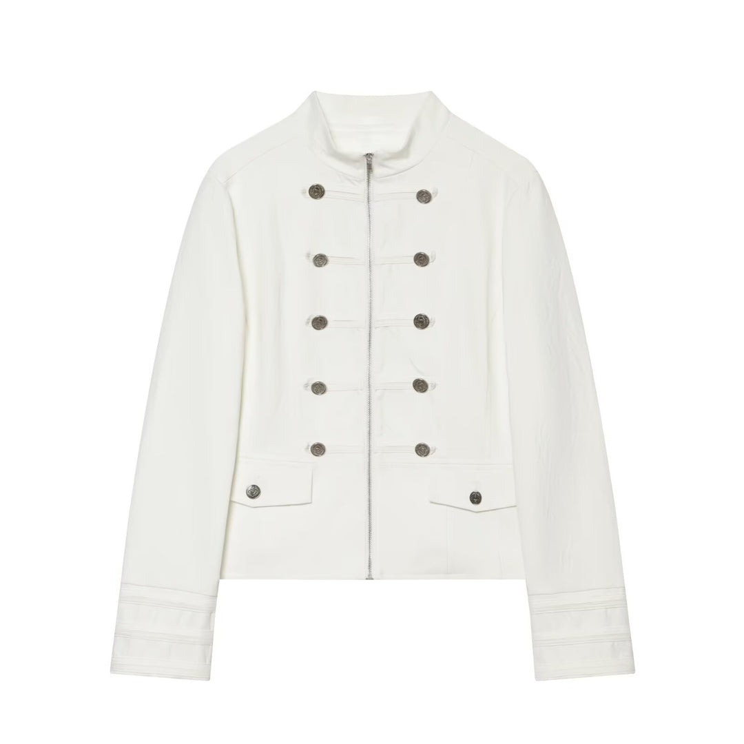 Women's short jacket in Marshal style with standing collar, decorative button placket and flap pockets Mune Fashion