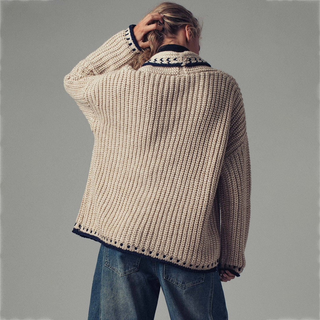 Women's chunky knit cardigan with shawl collar, decorative stripes & patch pockets Mune Fashion