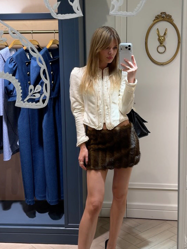 Women Tailored Cropped Blazer with Sculpted Shoulder and Decorative Trimmings Mune Fashion