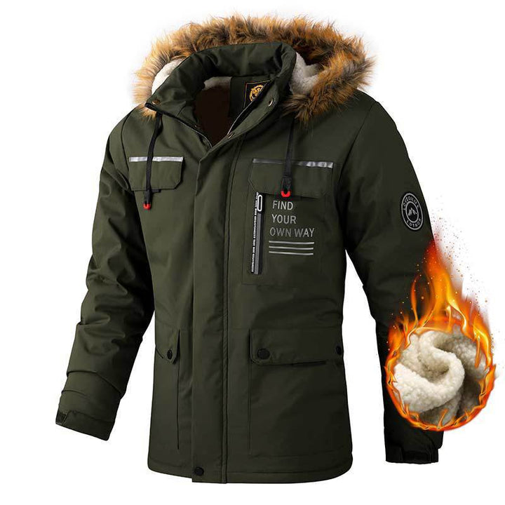 Men's waterproof winter parka with teddy lining, detachable faux fur hood, and multifunctional zip and flap pockets.