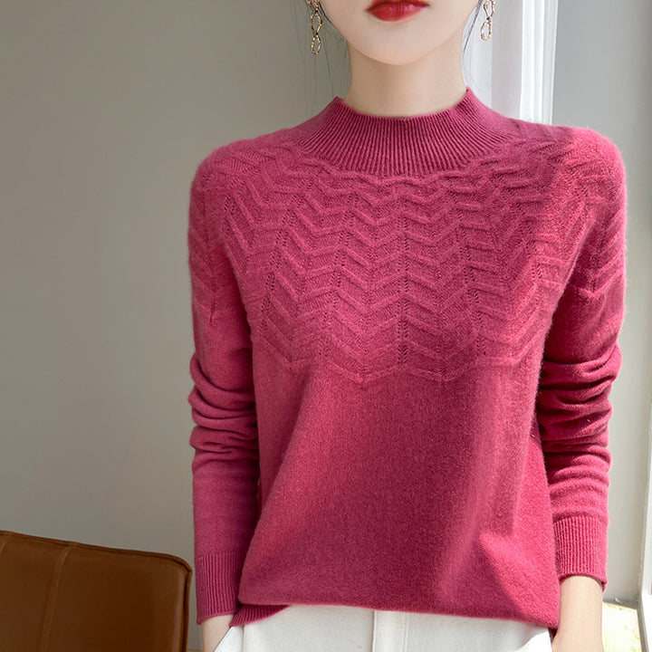 Women's Soft Fine Knit Mock Neck Sweater with Chevron Ajour and Cashmere Look Mune Fashion