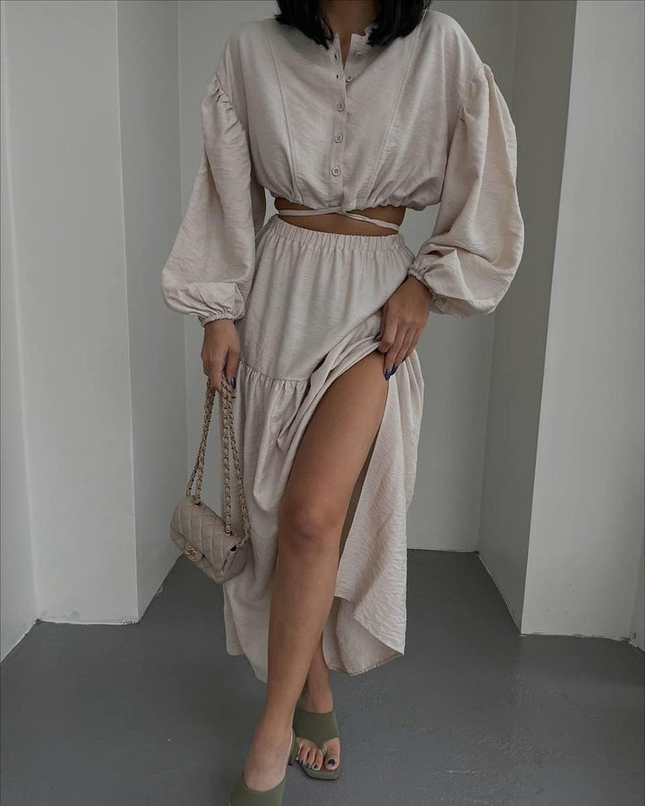 Women's two-piece boho set with cropped blouse and maxi skirt with slit Mune Fashion