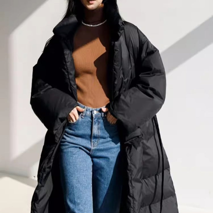 Women's Quilted Longline Parka with Wrap Tie Belt and Voluminous Sleeves Mune Fashion