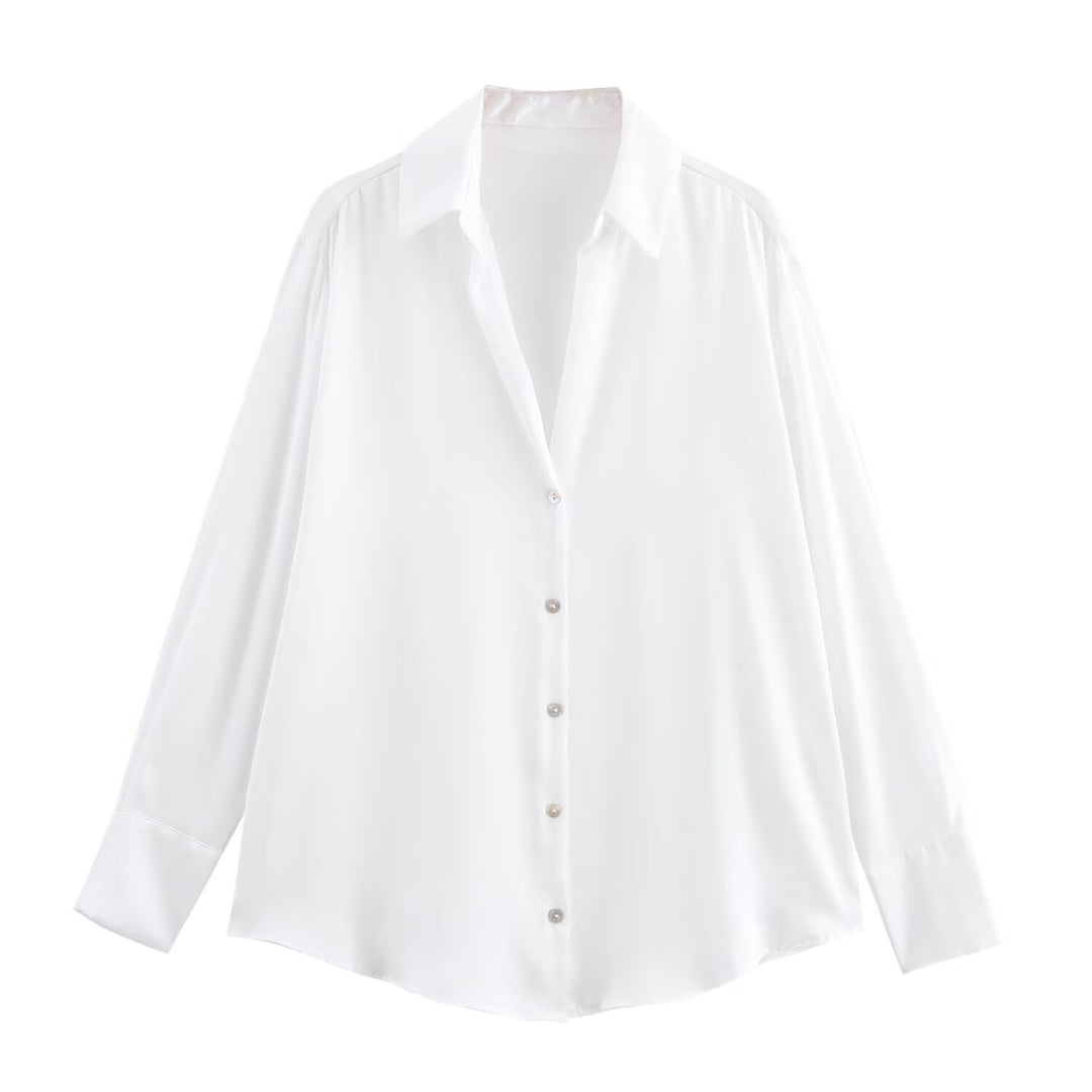 Ladies Oversized Satin Blouse with Shirt Collar and Wide Cuffs Mune Fashion