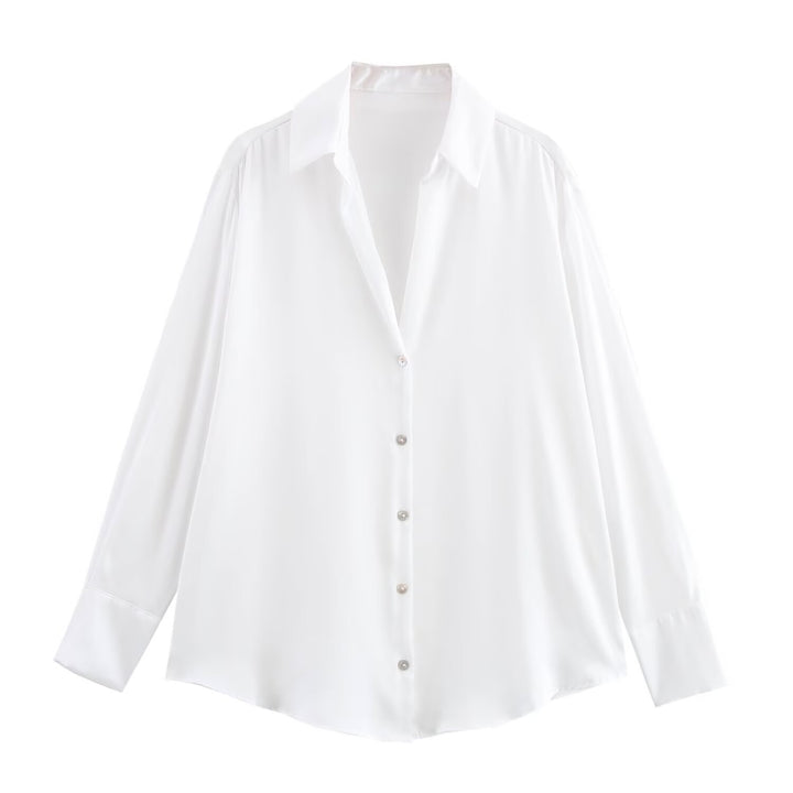 Ladies Oversized Satin Blouse with Shirt Collar and Wide Cuffs Mune Fashion