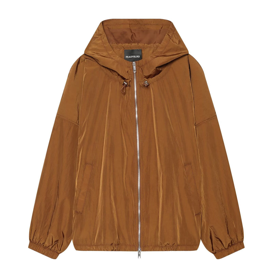 Women's Lightweight Hooded Wind Jacket made of Shiny Nylon with Drawstring and Two-Way Zipper Mune Fashion