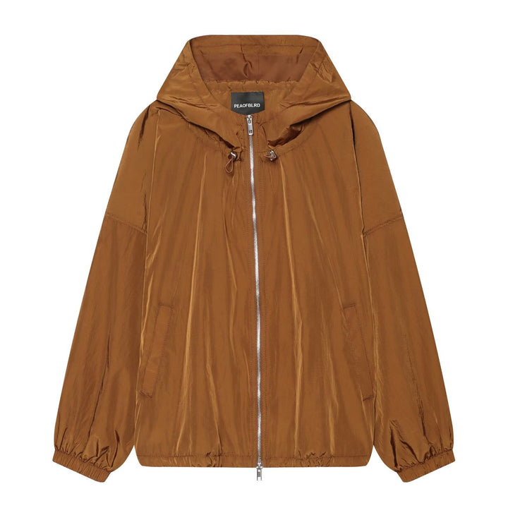 Women's Lightweight Hooded Wind Jacket made of Shiny Nylon with Drawstring and Two-Way Zipper Mune Fashion