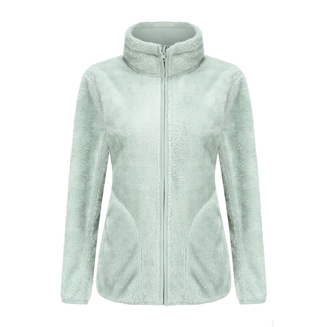 Women's cozy fleece jacket with high stand-up collar, full-length zipper, and figure-enhancing seams Mune Fashion