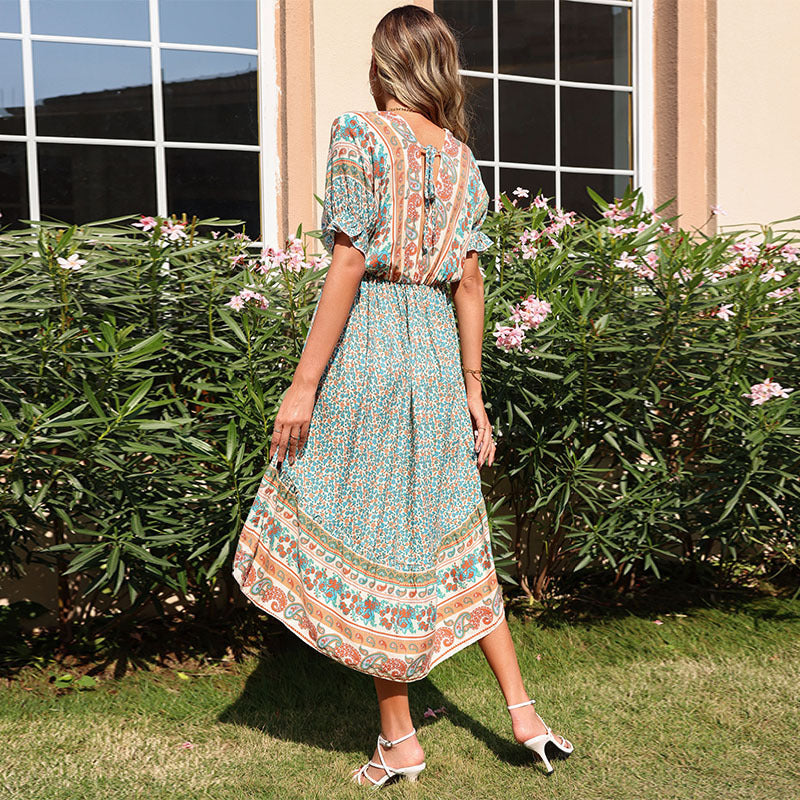 Women's Lightweight Midi Dress with Paisley Print, Elastic Waistband and Asymmetrical Hem Mune Fashion