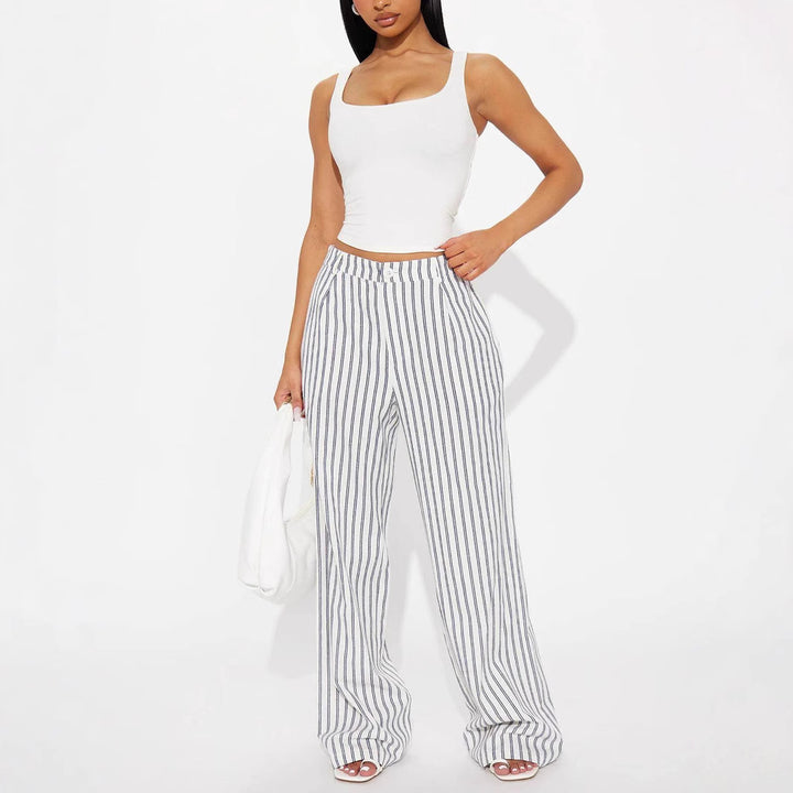 Women's linen look palazzo pants with high waist and vertical stripes Mune Fashion